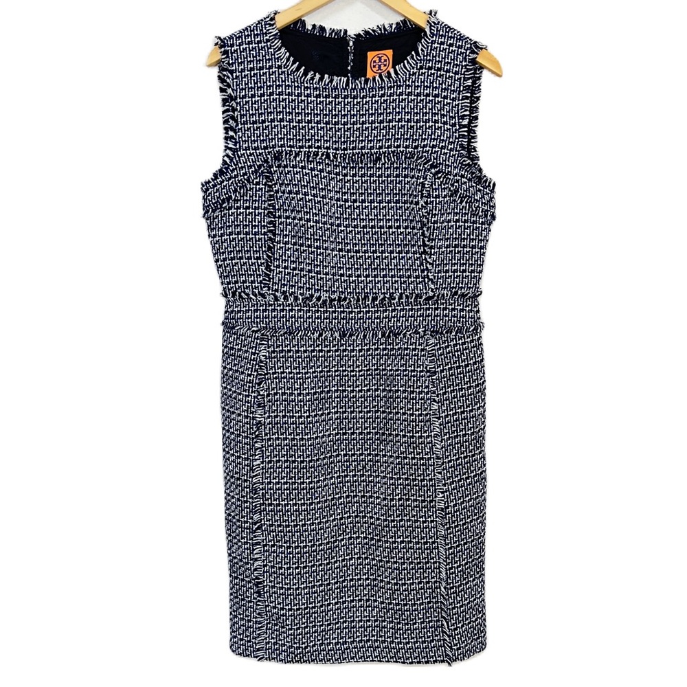 Tory Burch Petula Dress Blue Tweed Sheath Sleeveless‎ Fringe Women’s Sz 12 NWOT